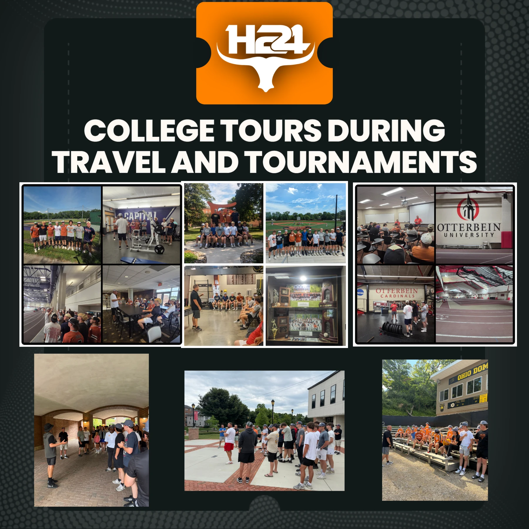 H24 Longhorns college tours during travel and tournaments — players touring campuses, facilities, and classrooms at Capital University, Otterbein University, Ohio Dominican, and more.